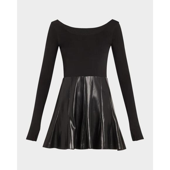 New ALICE + OLIVIA Chara Vegan Leather Long-Sleeve Pleated Mini Dress Black Sz 8 - Picture 1 of 12